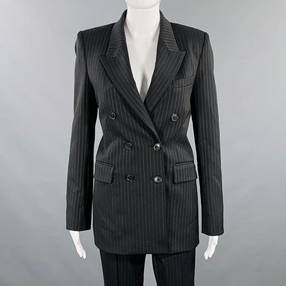 NILI LOTAN Size 2 Black Grey Polyester Blend Pinstripe Peak Lapel Pantsuit - Picture 1 of 12